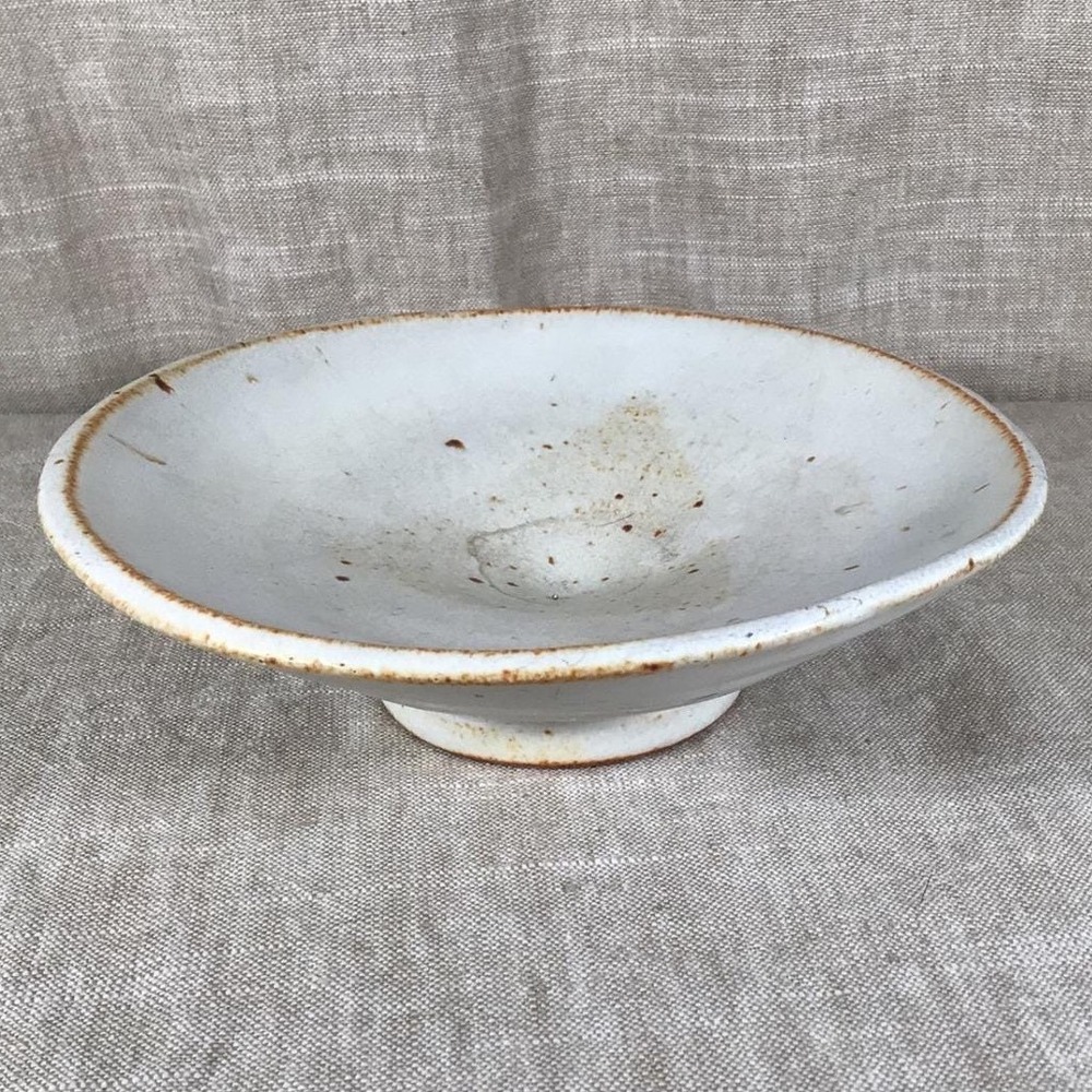 Footed Bowl Good Vintage White Studio Pottery Wabi Sabi Speckled Ceramic 7.5in